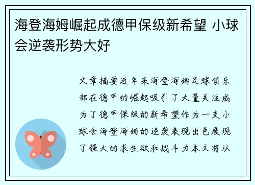 海登海姆崛起成德甲保级新希望 小球会逆袭形势大好